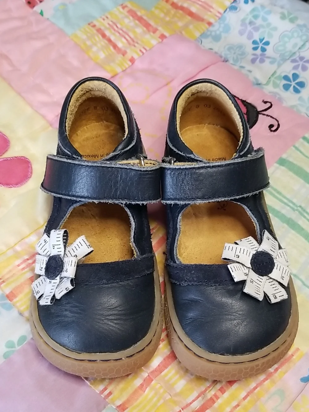 Livie & Luca Navy Blue Mary Janes with Tape Measure Flower Size 8 
